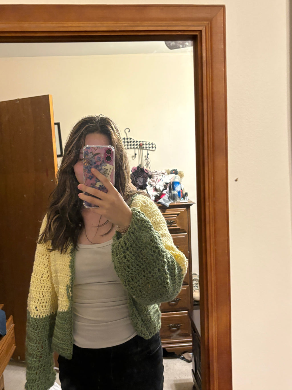 Yellow and green two tone crocheted sweater