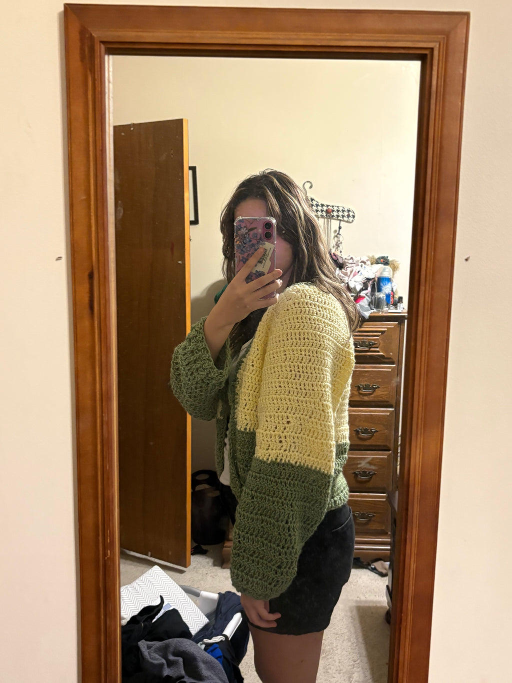 Yellow and green two tone crocheted sweater