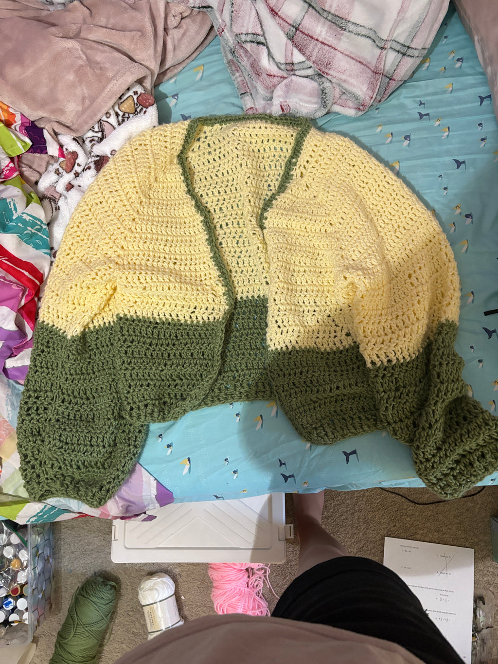 Yellow and green two tone crocheted sweater